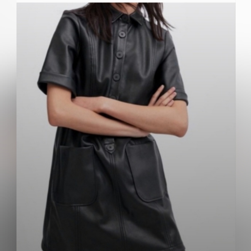 ZARA TRF Collection. Women's Black Faux Leather Mini Dress.L